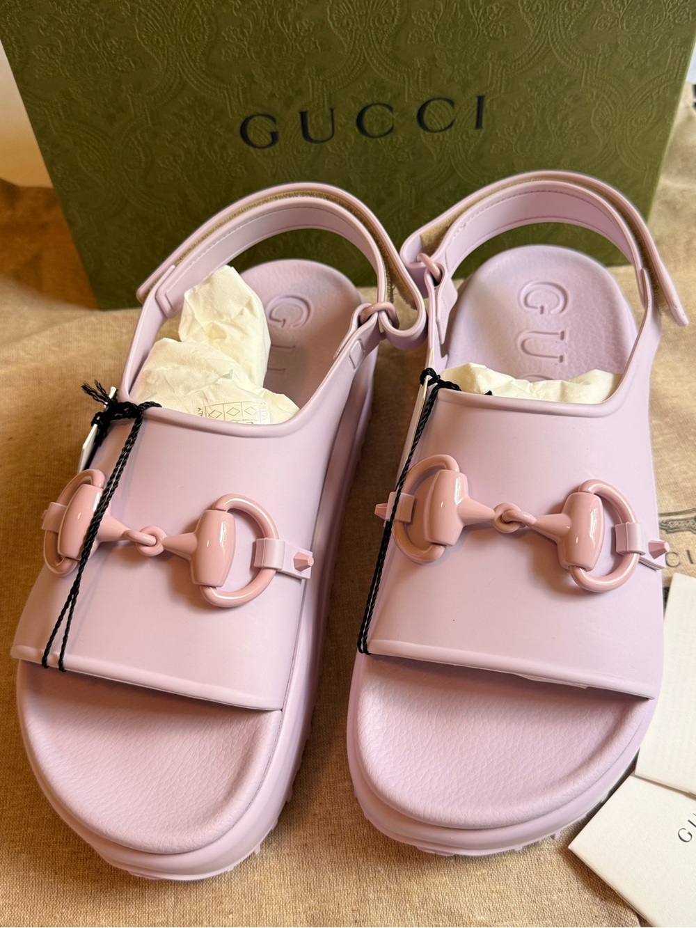 GUCCI Horsebit Soft Rubber Slingback Sandals TALC PINK Sz 39 BNIB Made in Italy